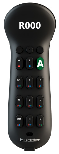 Image of Twiddler with keys facing viewer with the letter "A" marked in green at the top right of the key matrix. Position R000 in Twiddler Notation.