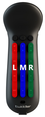 Image of Twiddler with keys facing the viewer indicating left hand column marked as "L", middle column marked as "M" and, right hand column marked as "R"